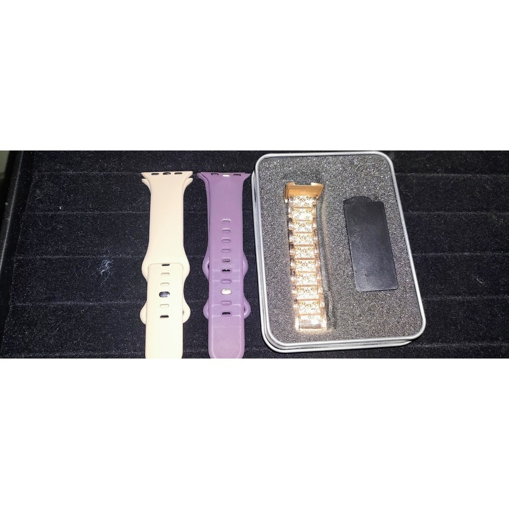 3 Watch Bands: Rose Gold Bing Metal Band & Plastic Purple & Tan Plastic Band
